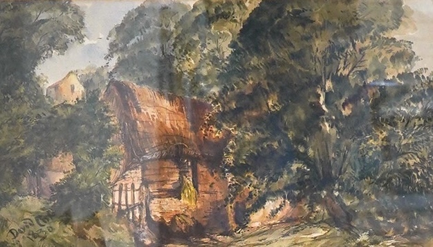 David Cox, watercolour, Pastoral landscape with cottage, signed and dated 1830, together with another unsigned 19th century watercolour, Figures before a cottage, largest 44 x 58cm. Condition - poor to fair